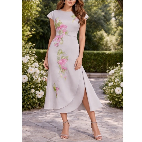 Fehaute Women's Light Gray Floral Embroidery Slit Sheath Maxi Dress Size S Nwt